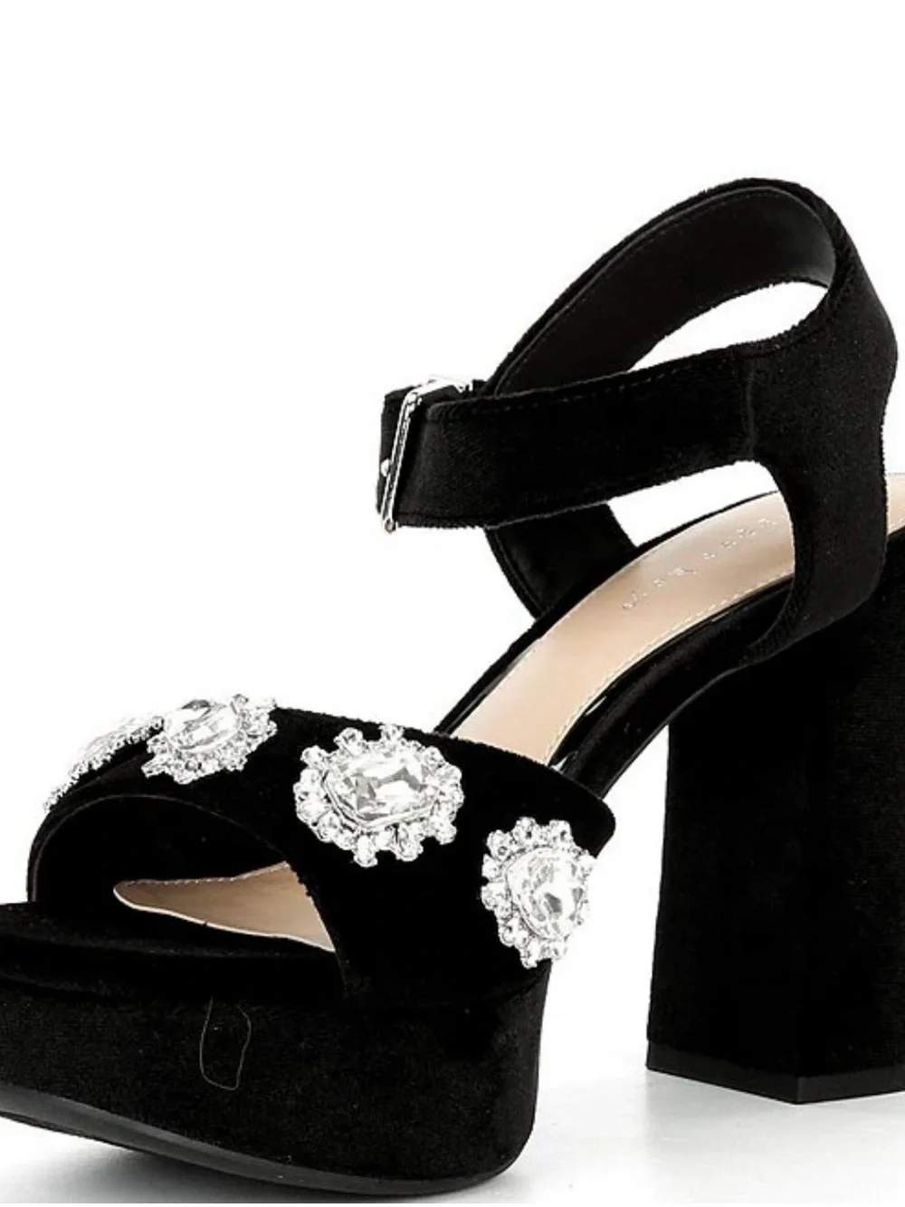 Copper Key Black Platform Sandals with Crystal Accents